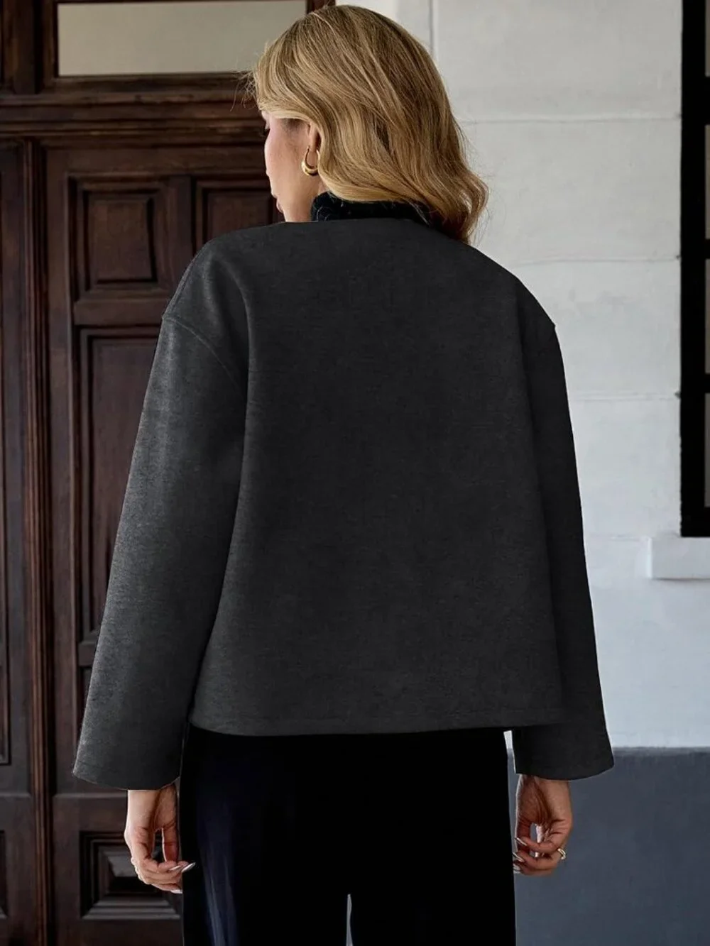 Women's Grey Wool Blend Collarless Cropped Long Sleeve Short Fall Pea Overcoat